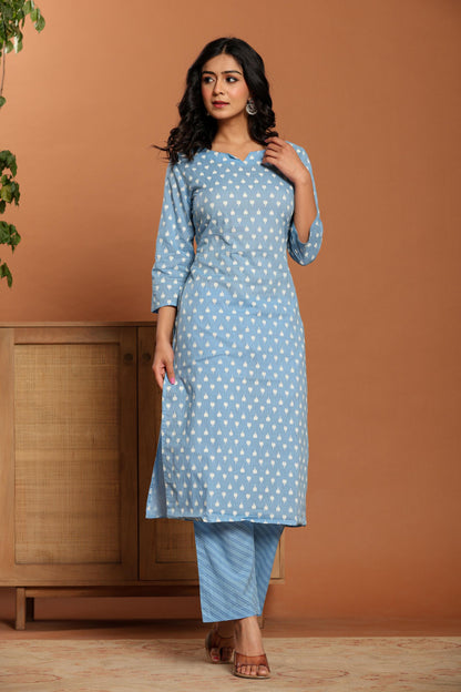 Sky Blue Printed Cotton Kurta Set