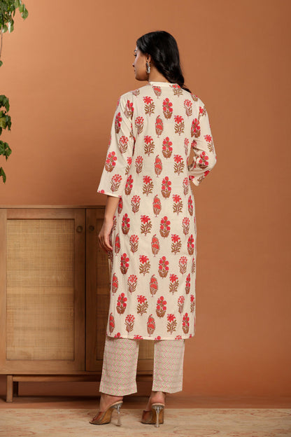 White Printed Cotton Kurta Set