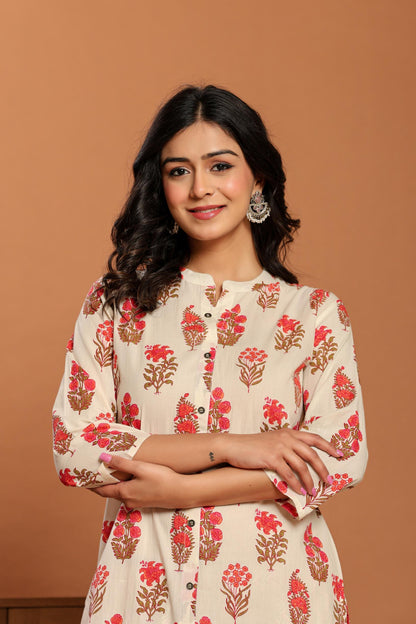 White Printed Cotton Kurta Set