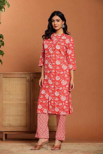 Pink Printed Cotton Kurta Set