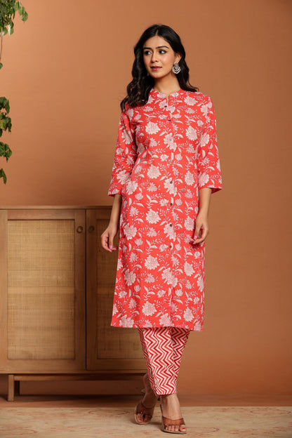 Pink Printed Cotton Kurta Set