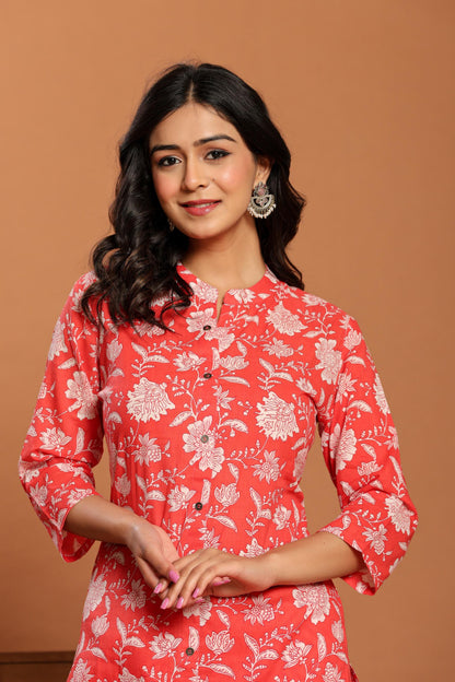 Pink Printed Cotton Kurta Set