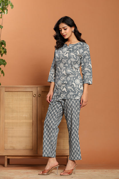 Grey Printed Cotton Coord Set