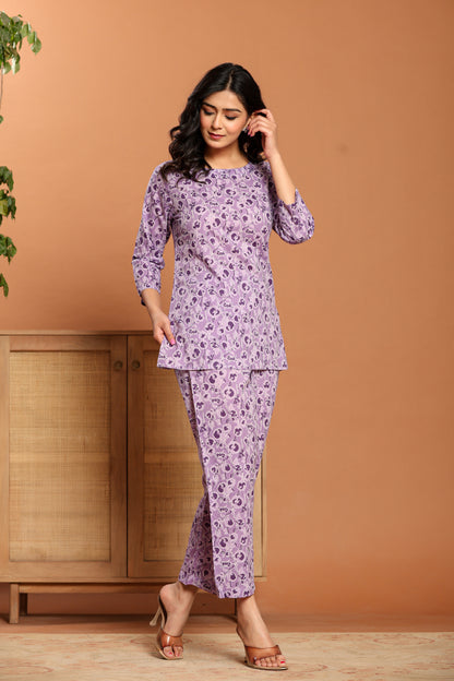 Purple Printed Cotton Coord Set