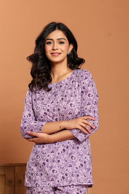 Purple Printed Cotton Coord Set