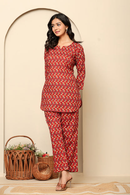 Red Printed Cotton Coord Set