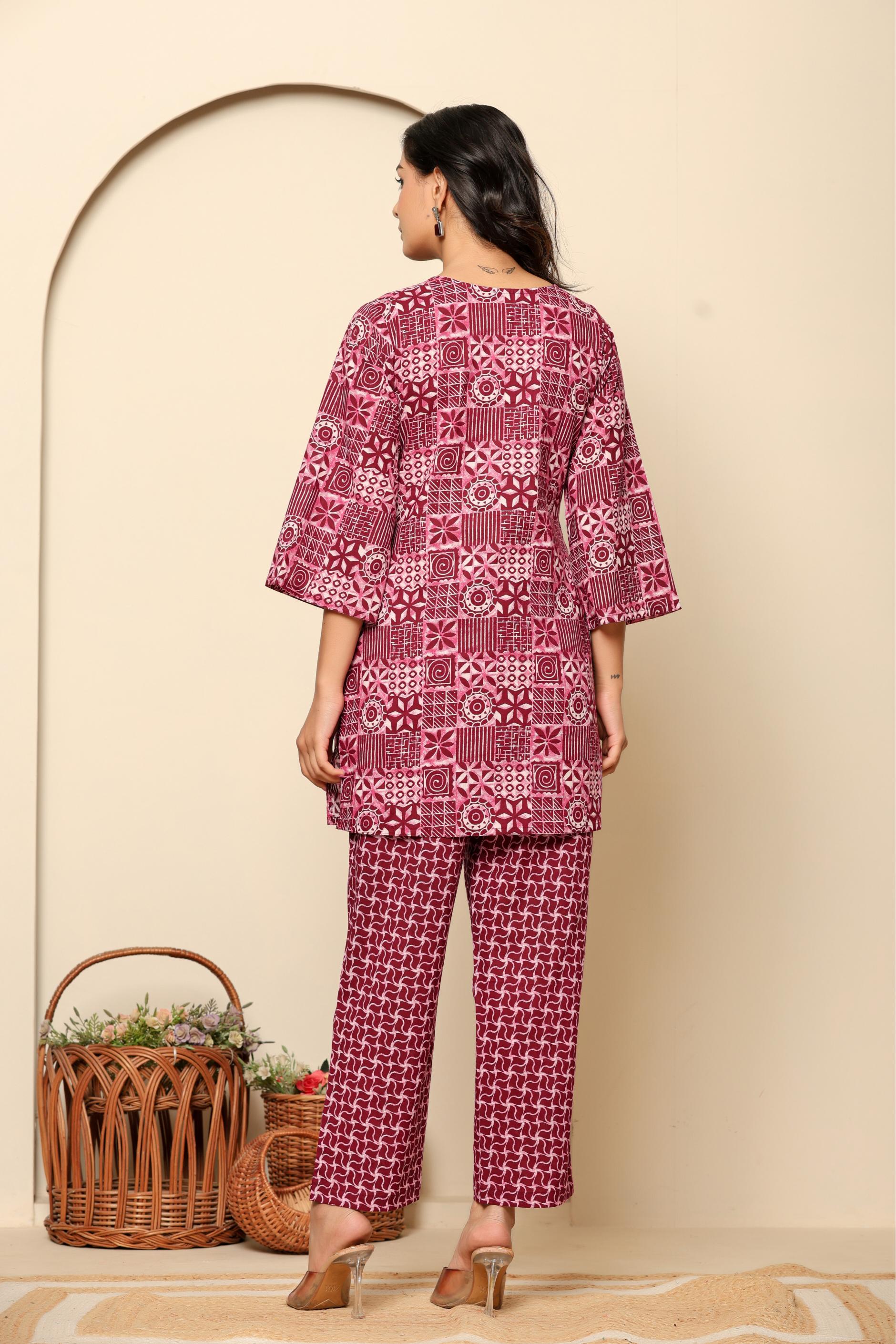 Maroon Printed Cotton Co-ord Set - Back View