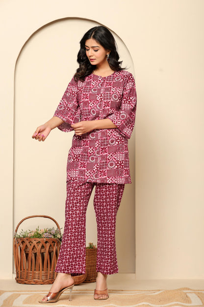 Maroon Printed Cotton Co- Ord Set