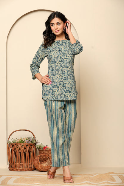 Blue Printed Cotton Coord Set