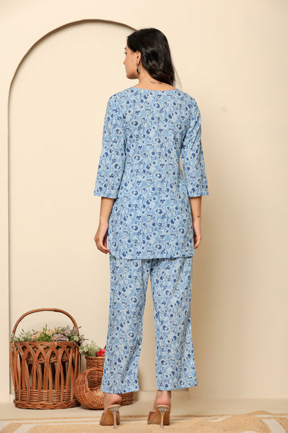 Blue Printed Cotton Coord Set