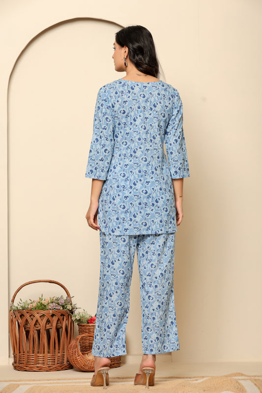 Blue Printed Cotton Coord Set
