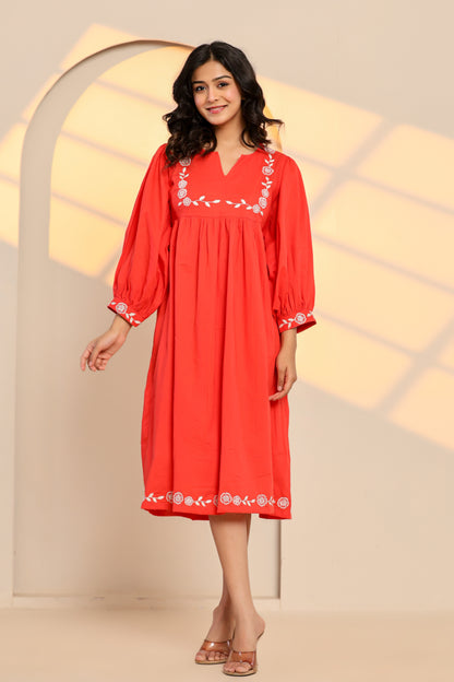 Poppy Red Cotton Embroidered Midi Dress