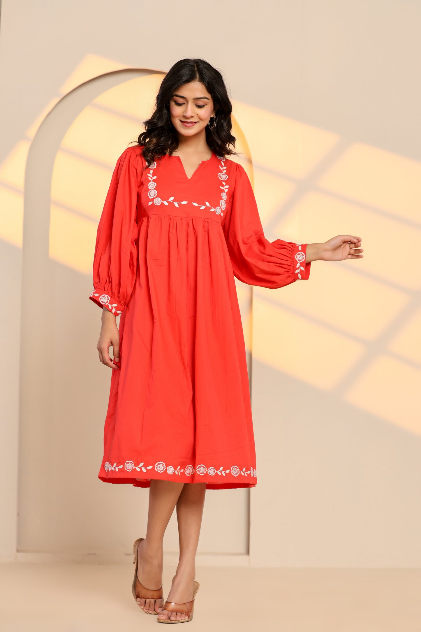 Poppy Red Cotton Embroidered Midi Dress
