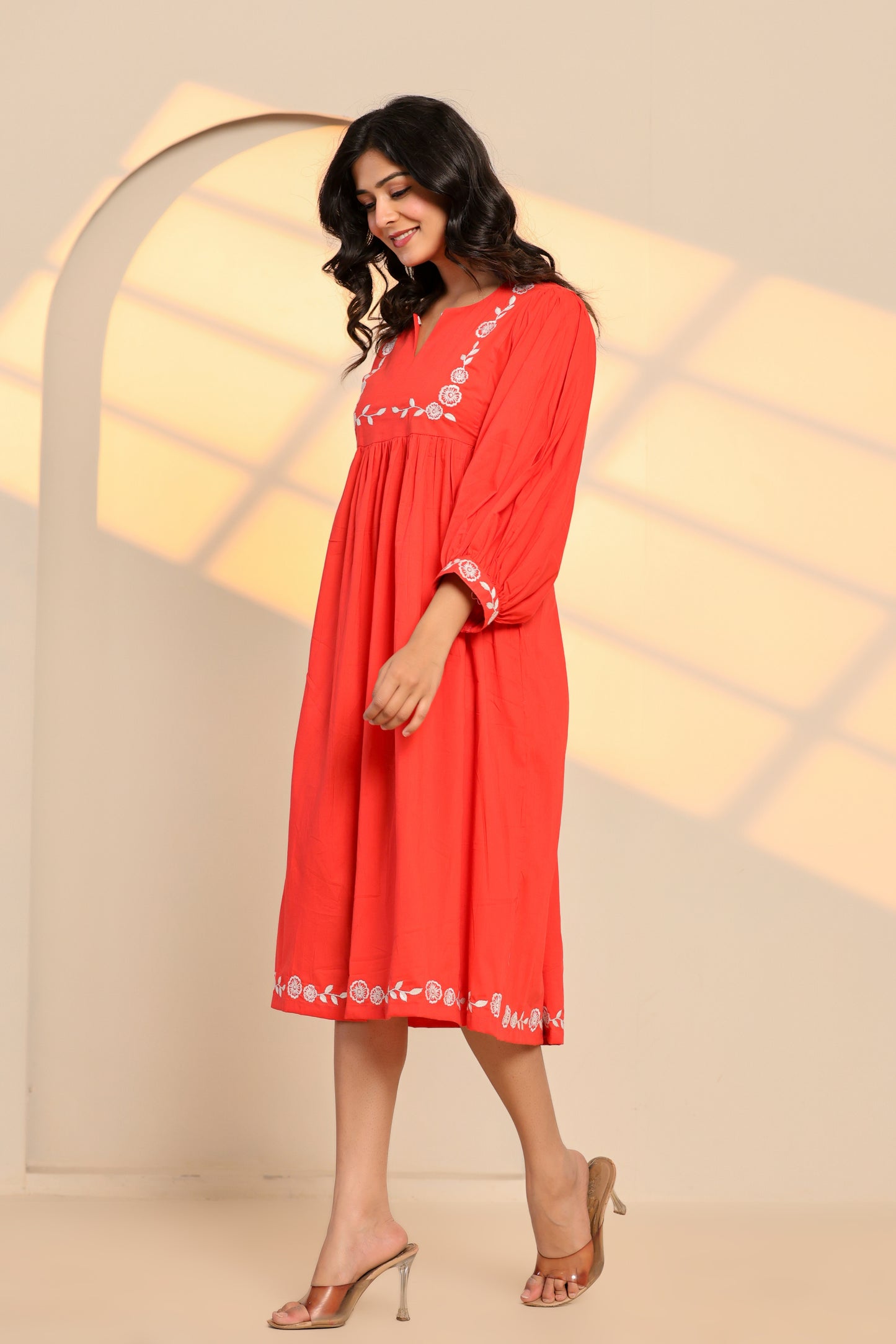 Poppy Red Cotton Embroidered Midi Dress