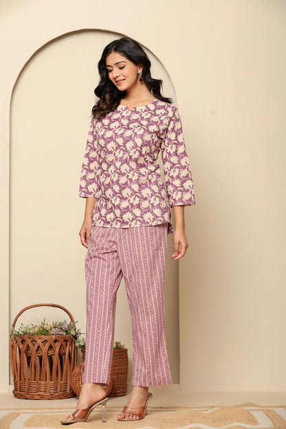 Purple Printed Cotton Co- Ord Set