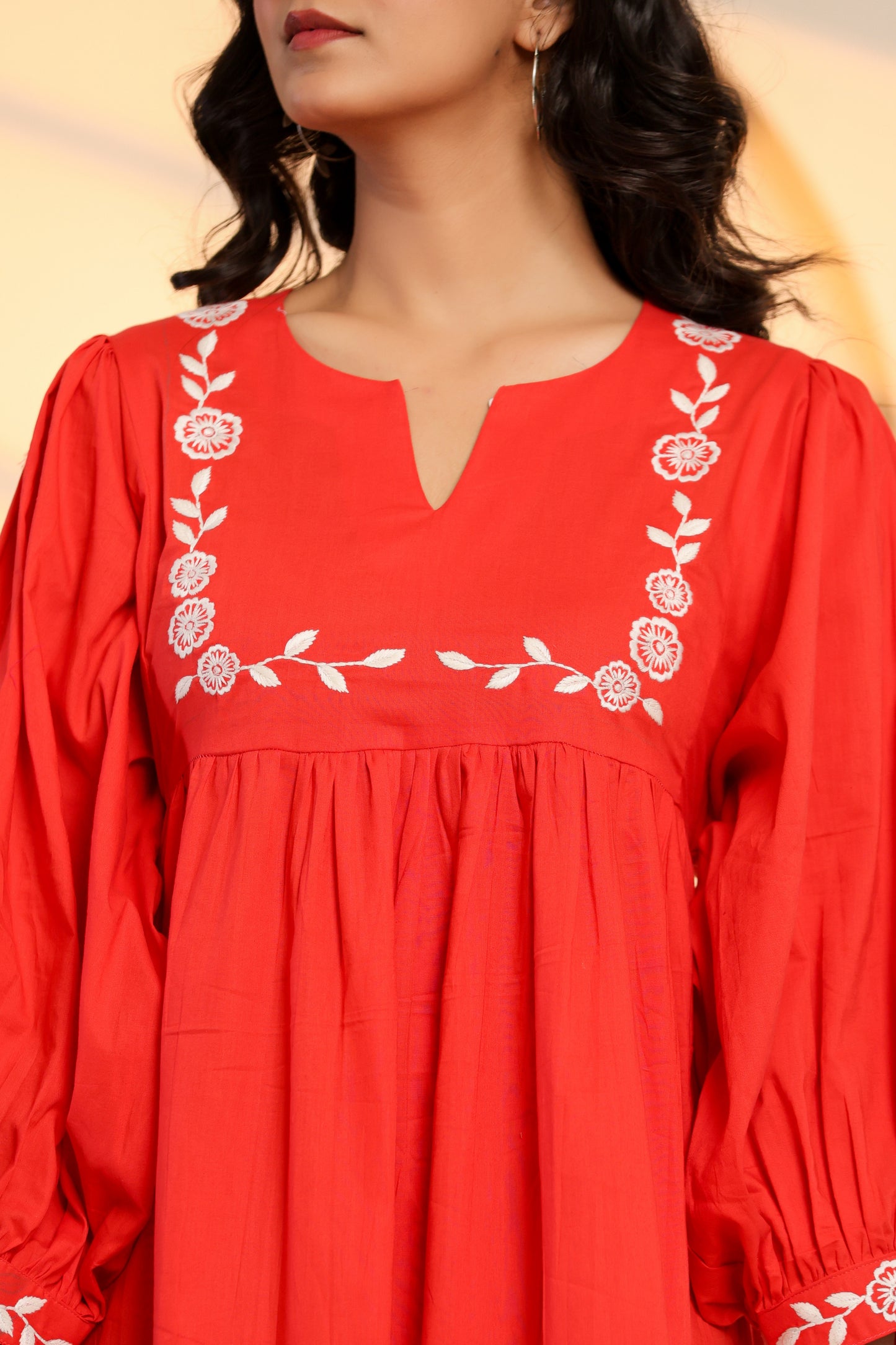 Poppy Red Cotton Embroidered Midi Dress