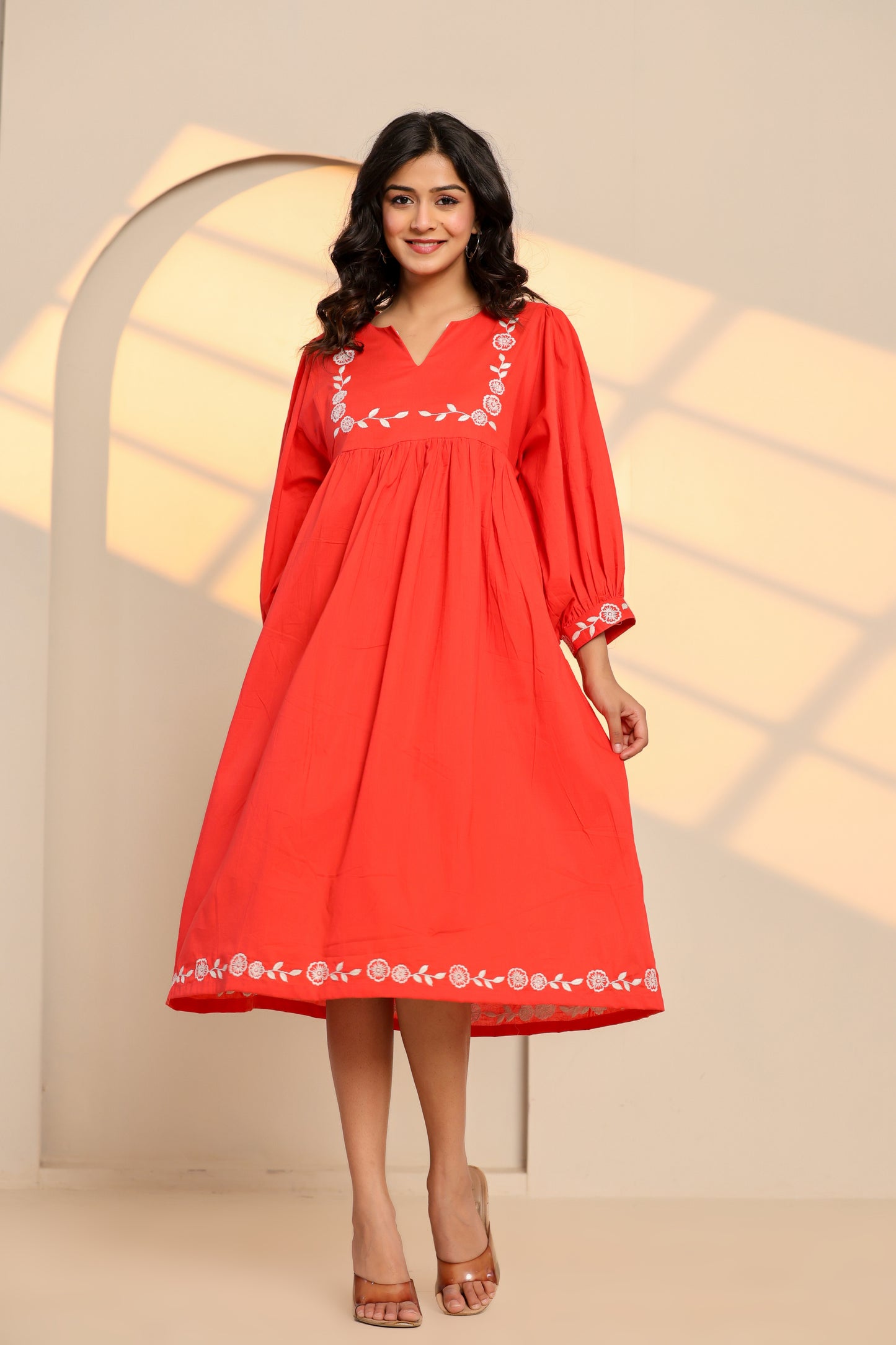Poppy Red Cotton Embroidered Midi Dress