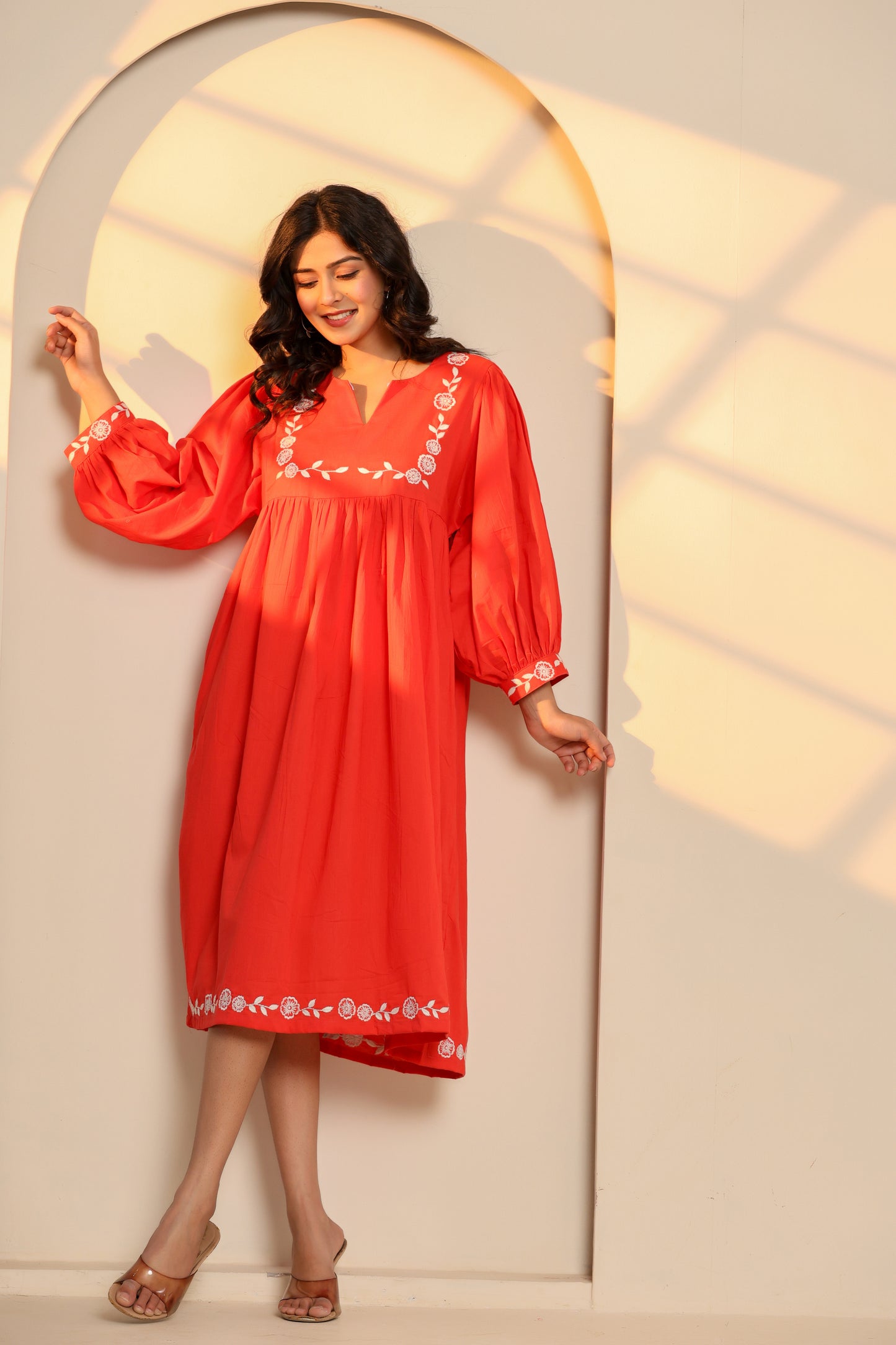 Poppy Red Cotton Embroidered Midi Dress