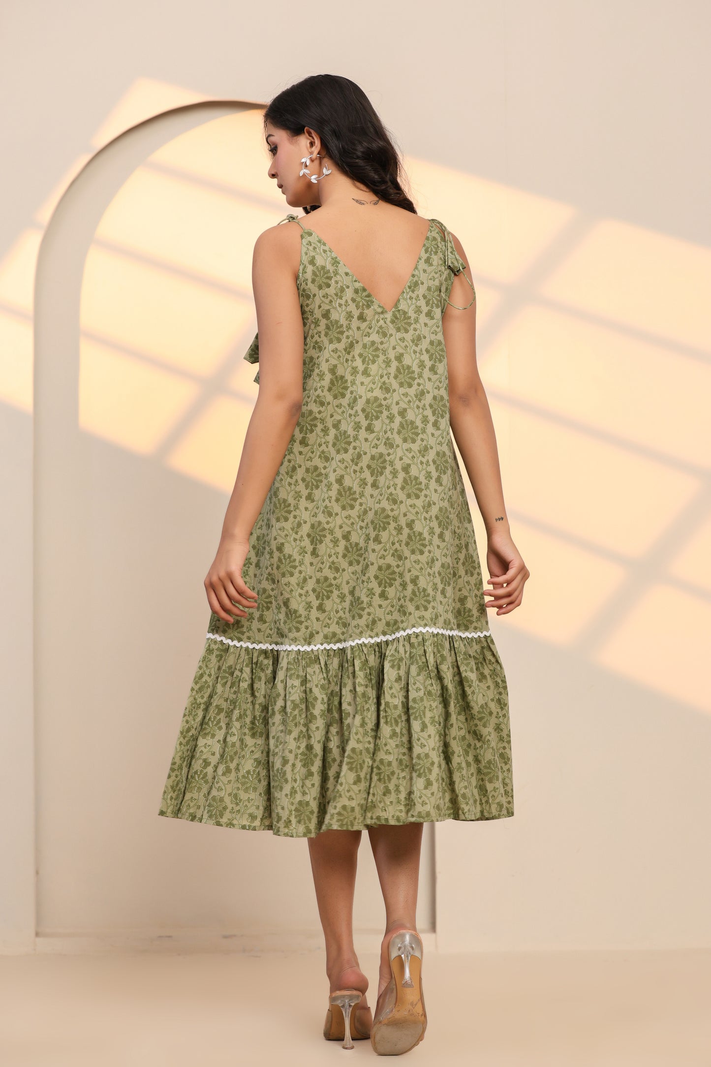 Watercress Green Hand Block Printed Cotton Midi Dress