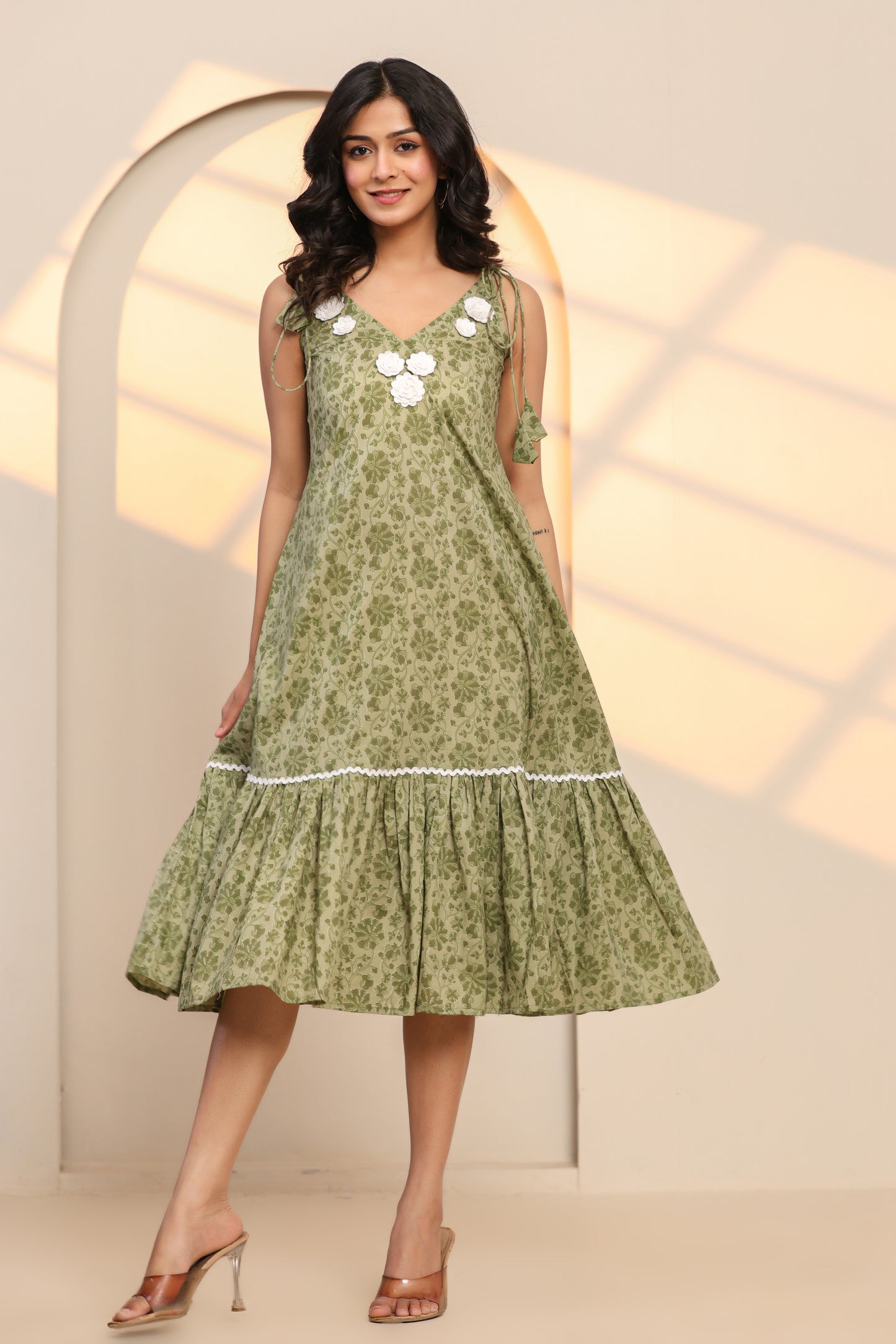 Watercress Green Hand Block Printed Cotton Midi Dress