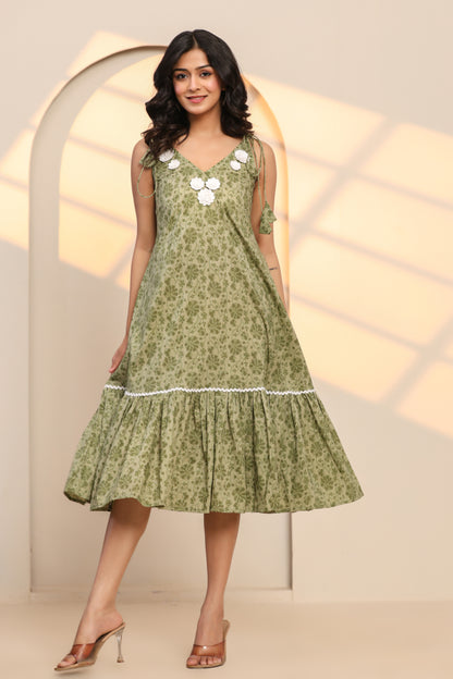 Watercress Green Hand Block Printed Cotton Midi Dress