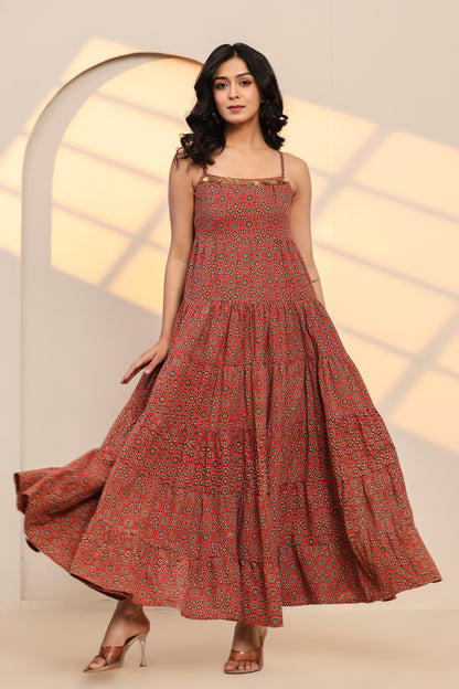 Scarlet Sage Red Cotton Hand Block Printed Maxi Dress