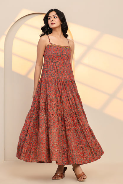 Scarlet Sage Red Cotton Hand Block Printed Maxi Dress