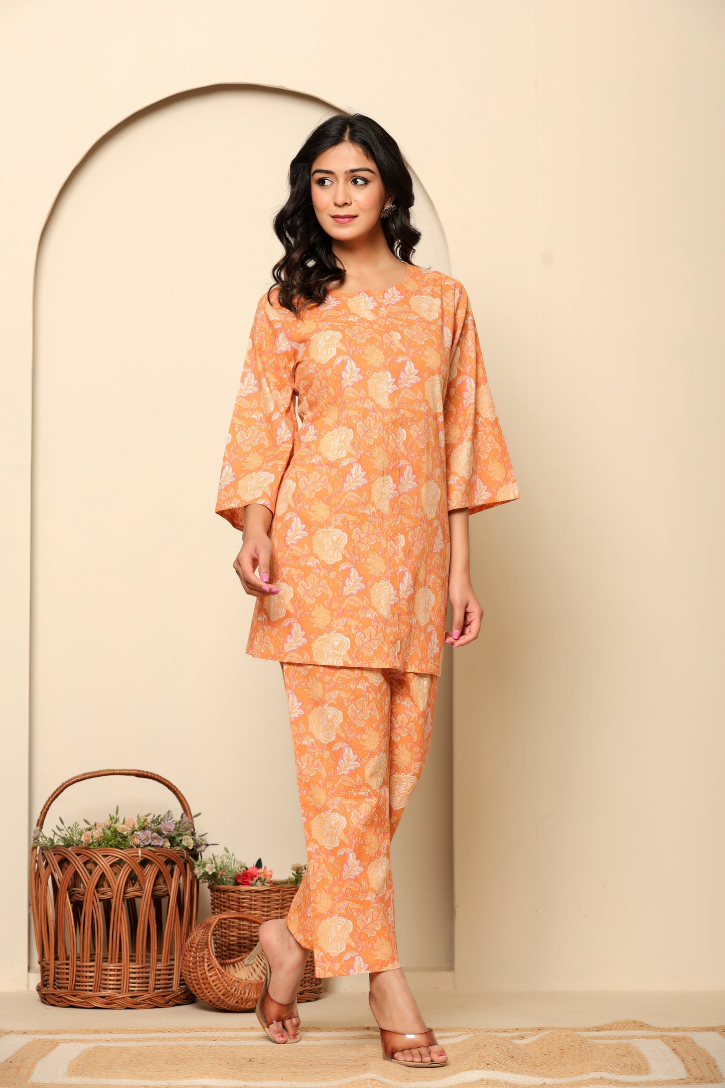 Peach Printed Cotton Coord Set