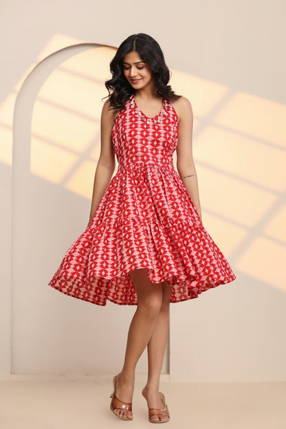 Salsa Red Hand Block Cotton Mini Dress