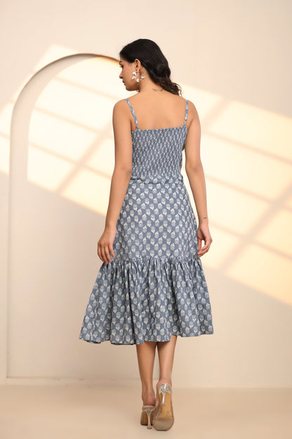 Oyster Grey Cotton Hand Block Printed Midi Dress