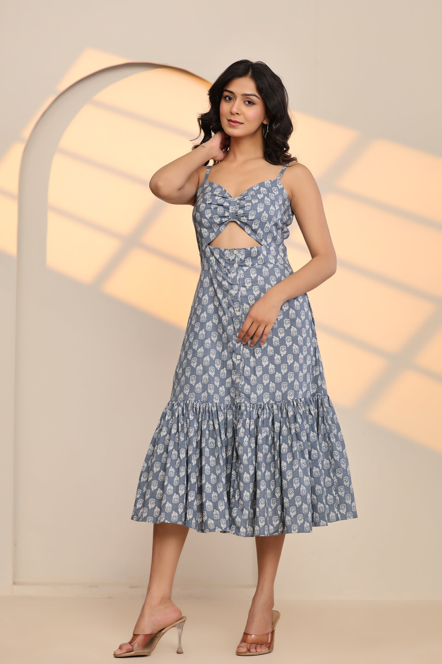 Oyster Grey Cotton Hand Block Printed Midi Dress