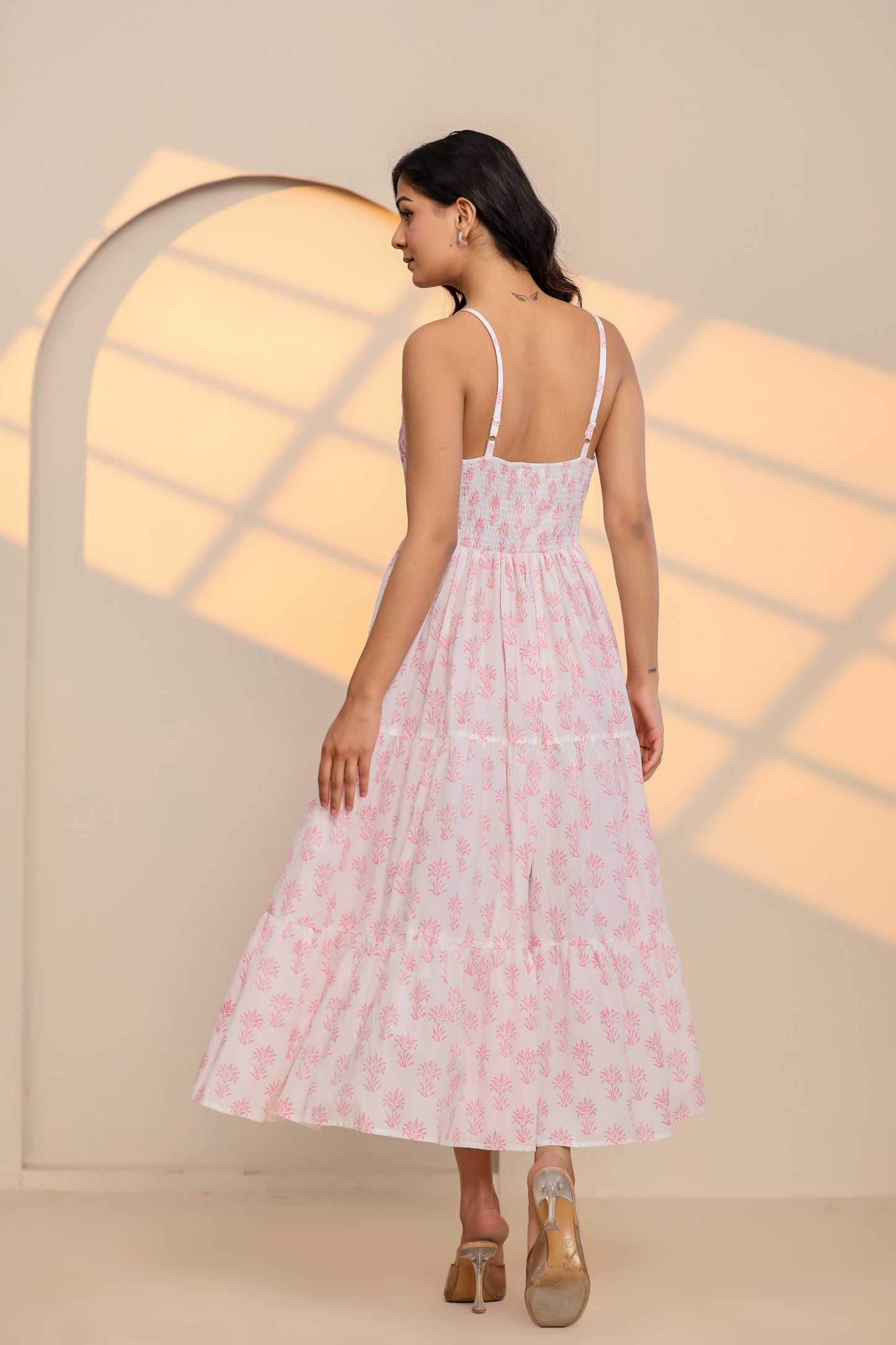 Rose Pink and White Printed Cotton Maxi Dress