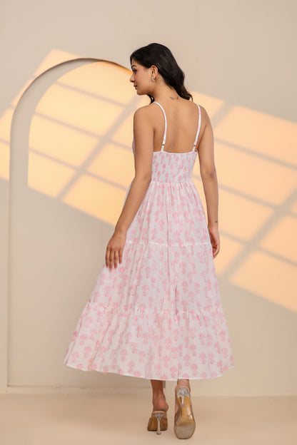 Rose Pink and White Printed Cotton Maxi Dress