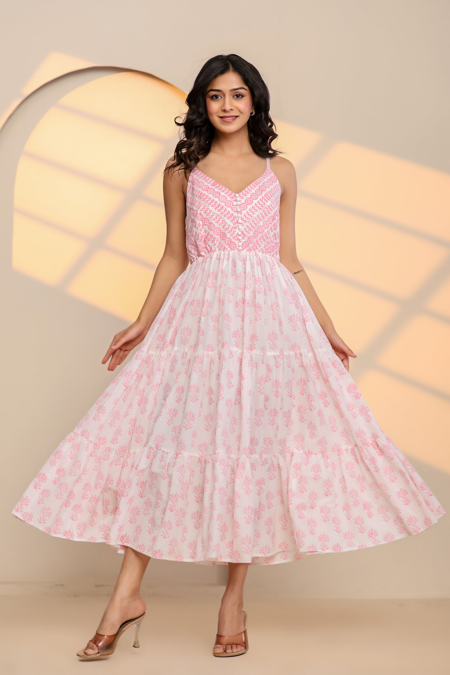 Rose Pink and White Printed Cotton Maxi Dress