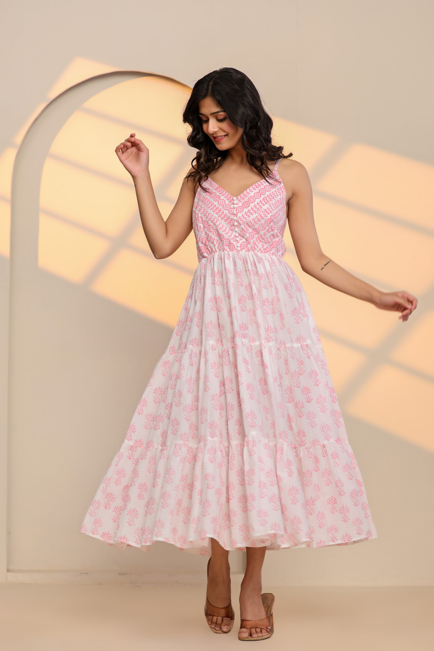Rose Pink and White Printed Cotton Maxi Dress