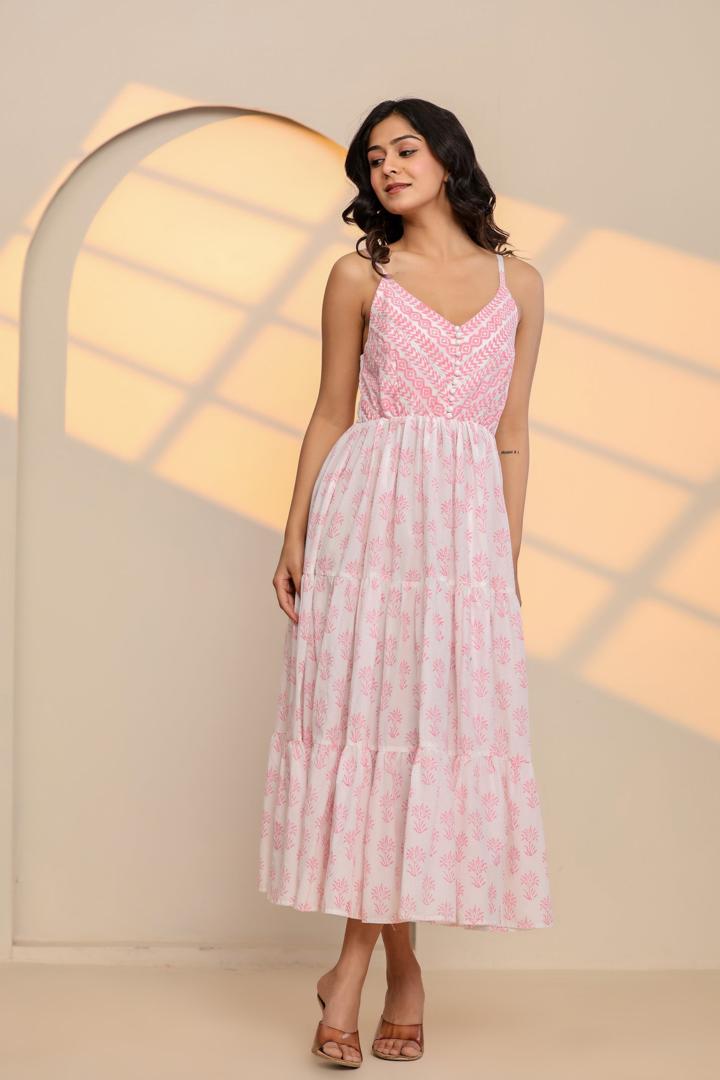 Rose Pink and White Printed Cotton Maxi Dress