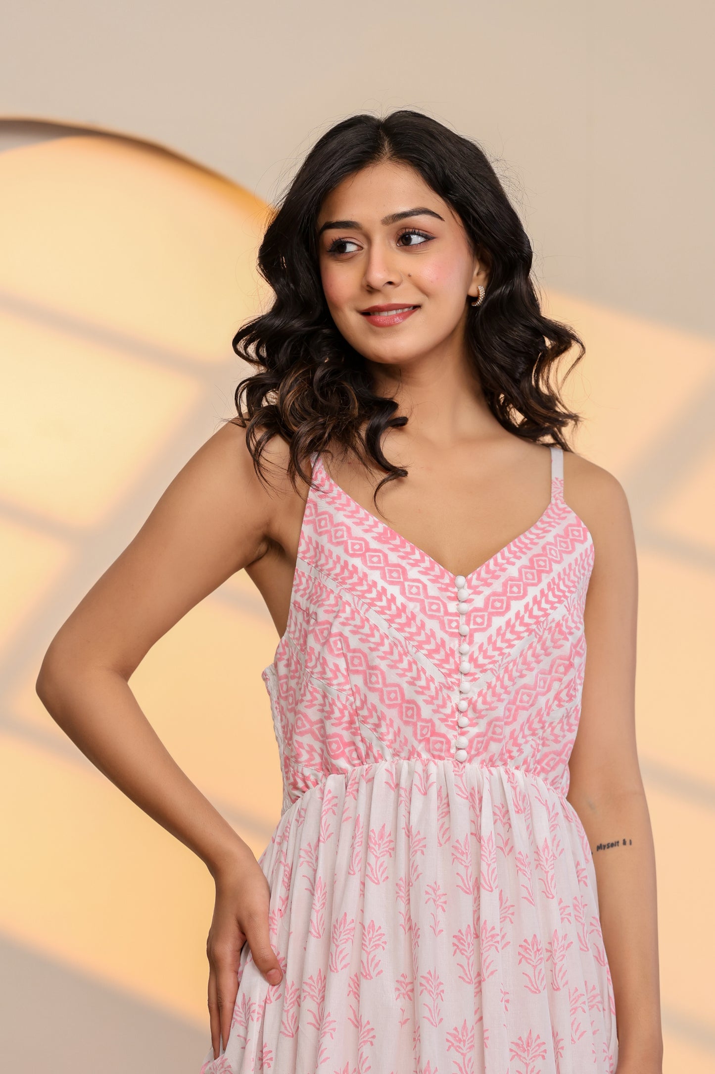 Rose Pink and White Printed Cotton Maxi Dress