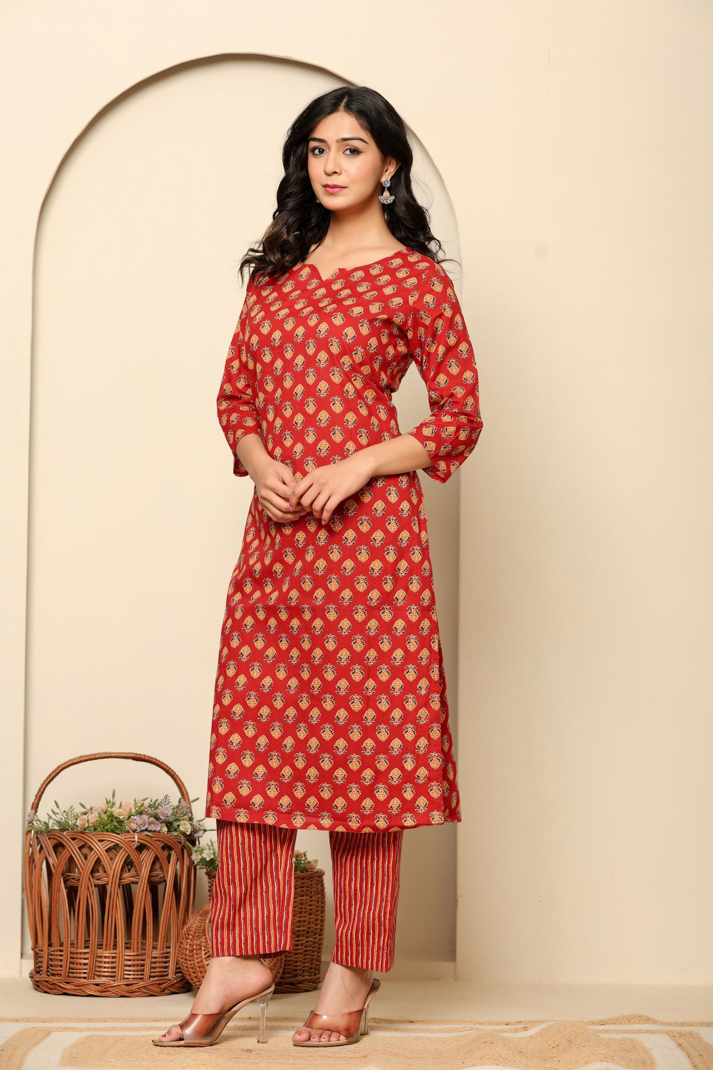 Red Printed Cotton Kurta Set
