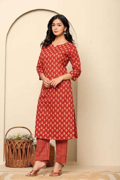 Red Printed Cotton Kurta Set