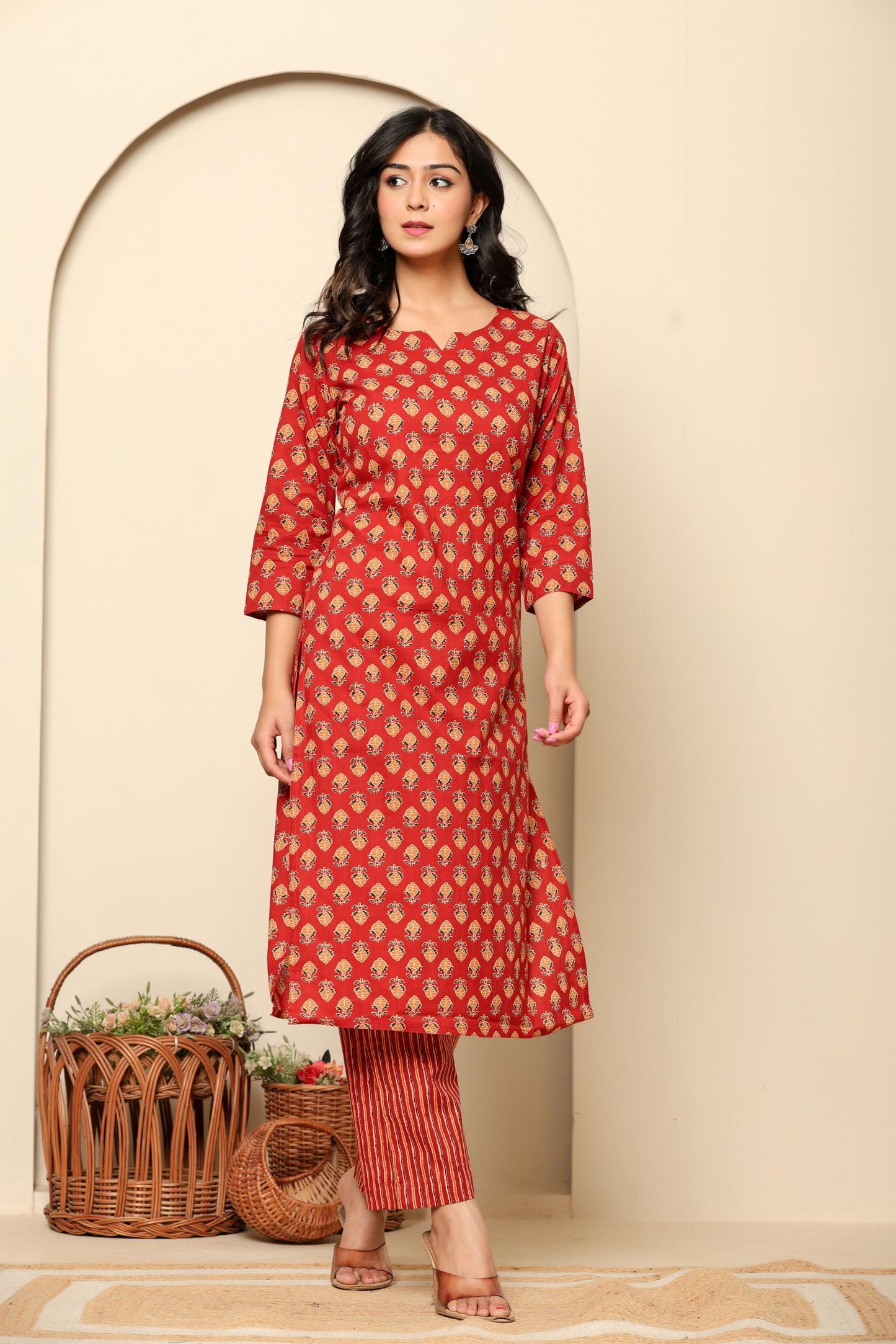 Red Printed Cotton Kurta Set
