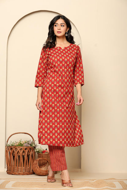 Red Printed Cotton Kurta Set