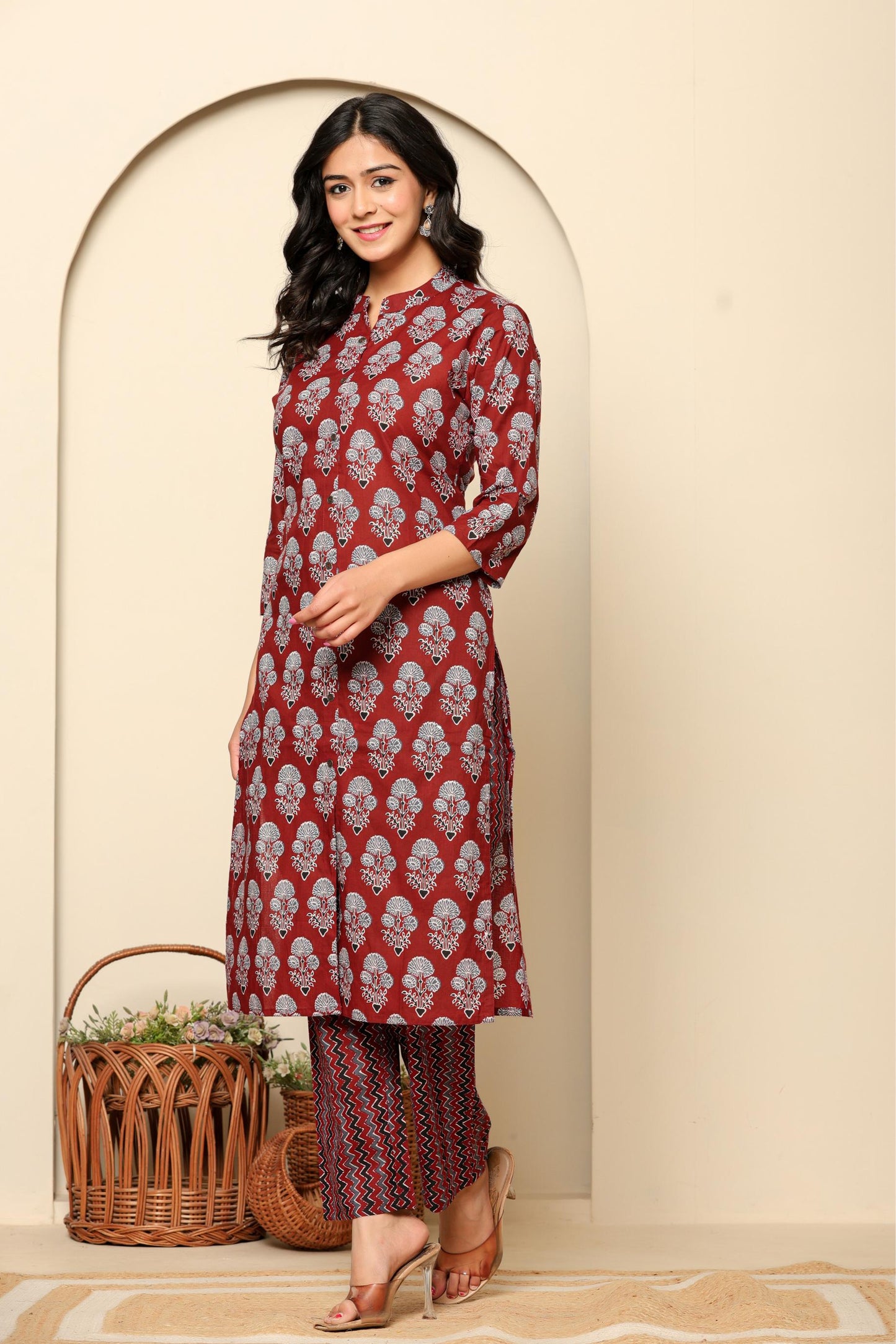 Maroon Printed Cotton Kurta Set