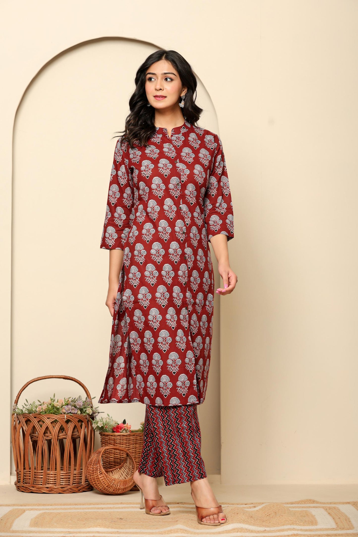 Maroon Printed Cotton Kurta Set