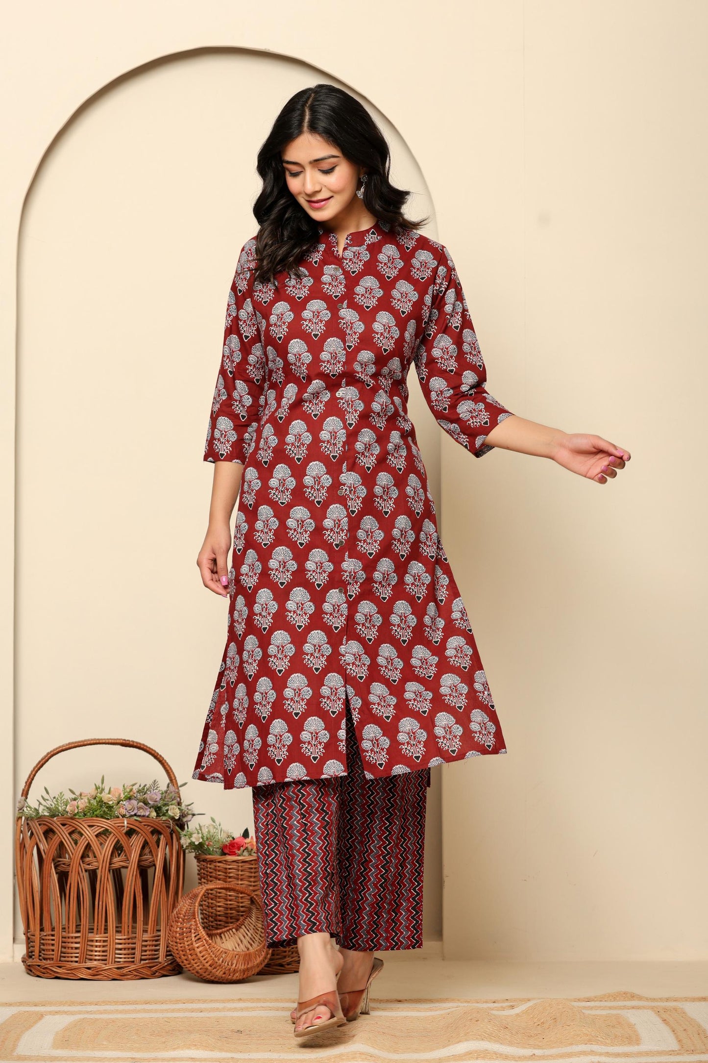 Maroon Printed Cotton Kurta Set