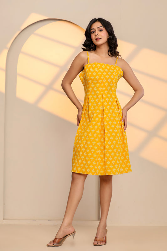 Misted Marigold Yellow Cotton Hand Block Printed Mini Dress