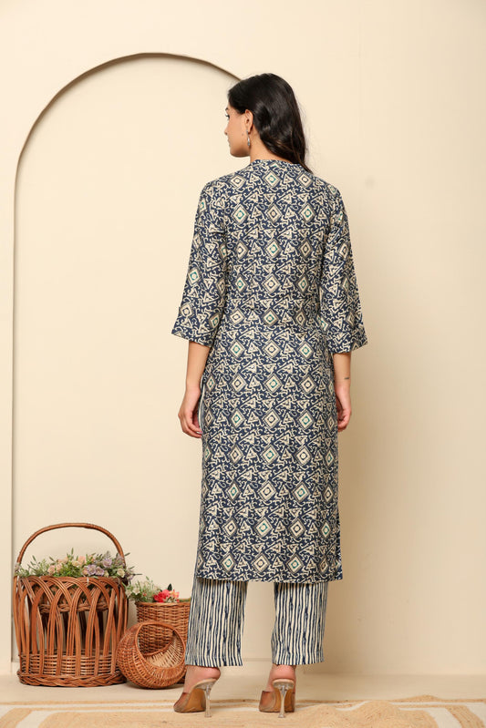 Blue Printed Rayon Kurta Set