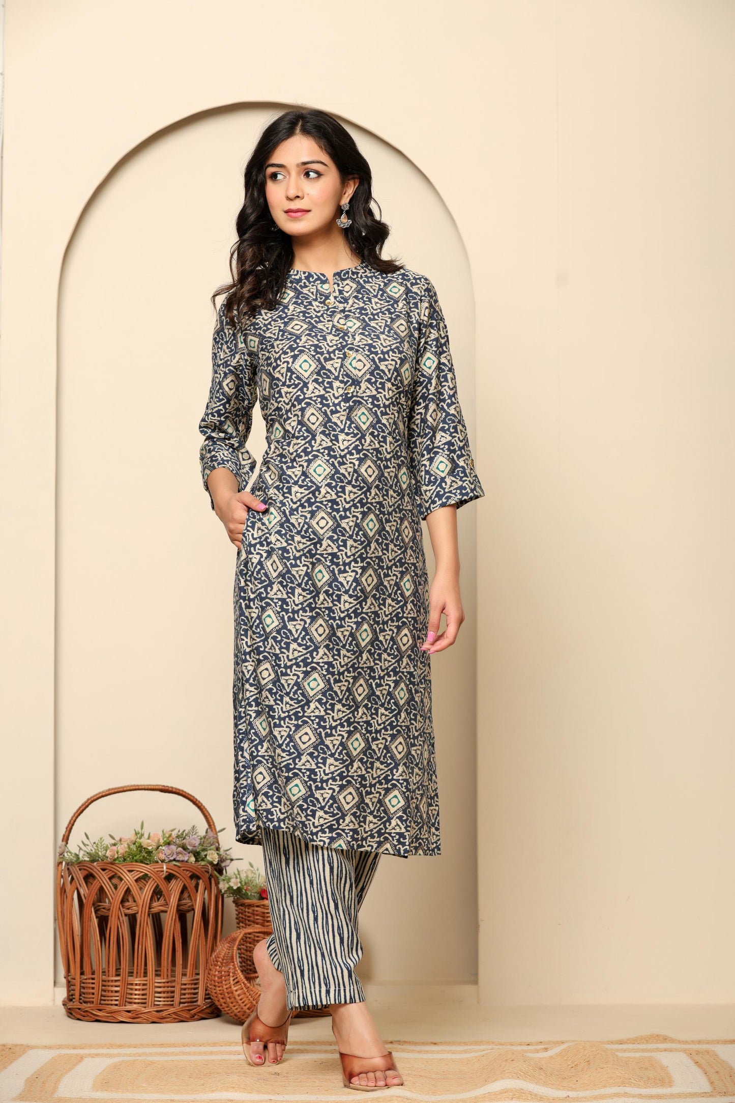 Blue Printed Rayon Kurta Set