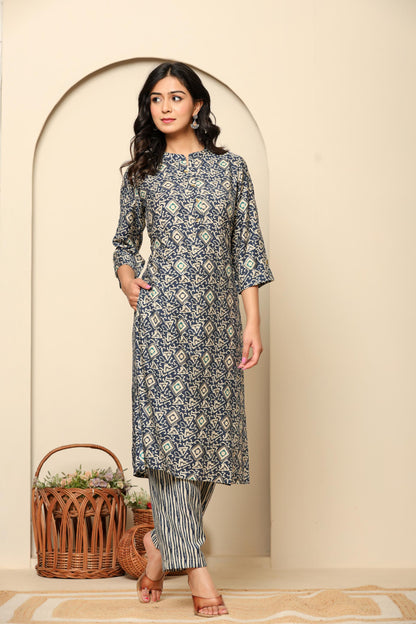 Blue Printed Rayon Kurta Set