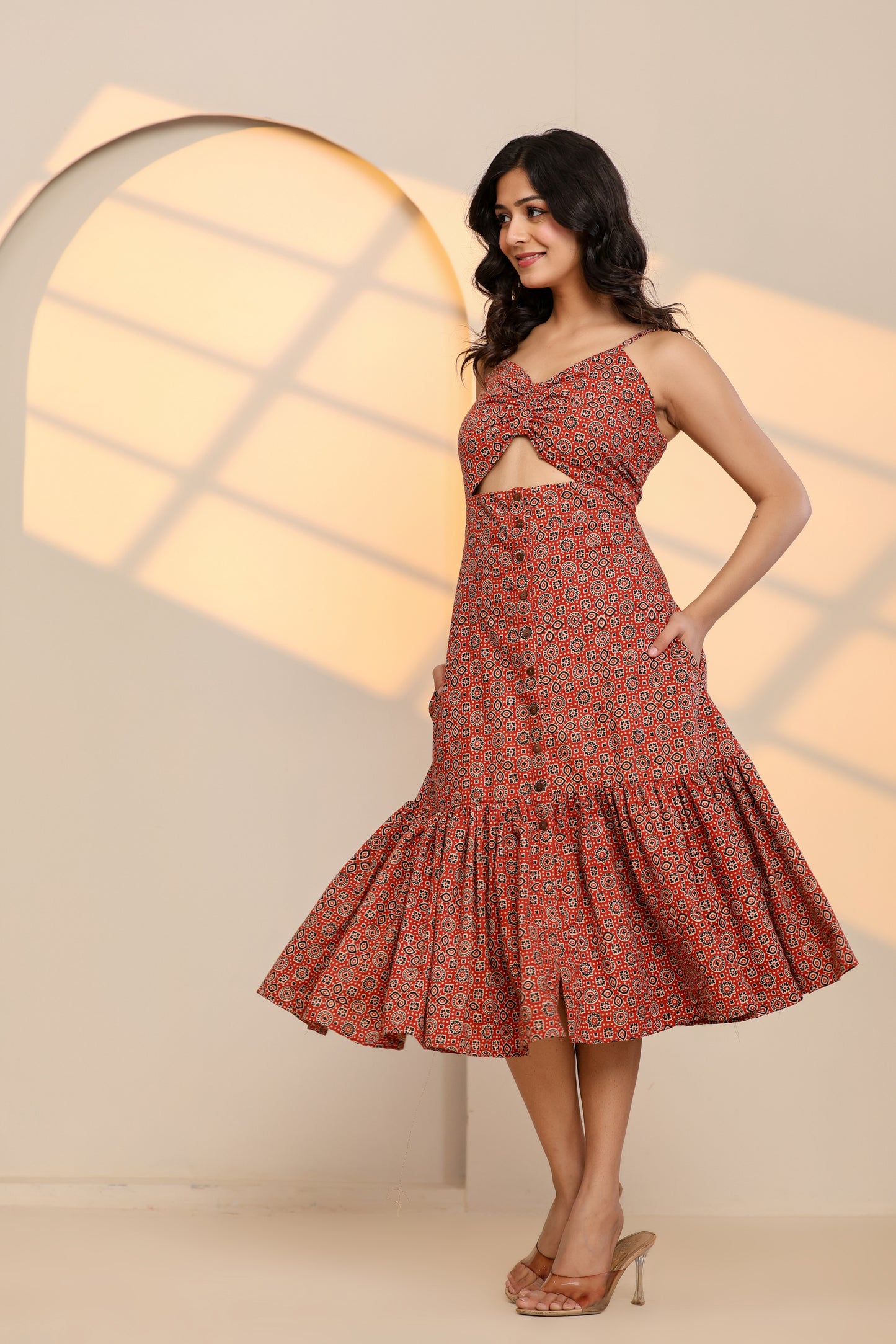 Racing Red Cotton Hand Block Printed Midi Dress
