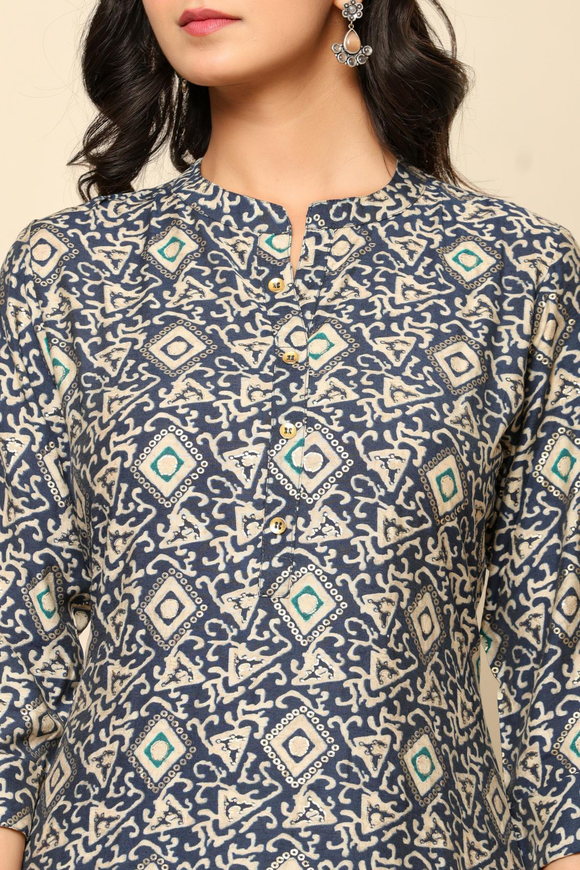 Blue Printed Rayon Kurta Set